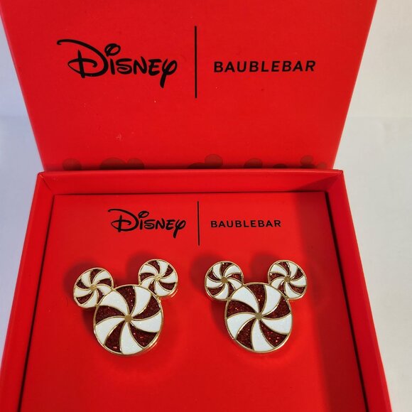 Disney Baublebar Mickey Mouse Candy Cane Earrings Peppermint Swirl Studs New - Picture 2 of 4